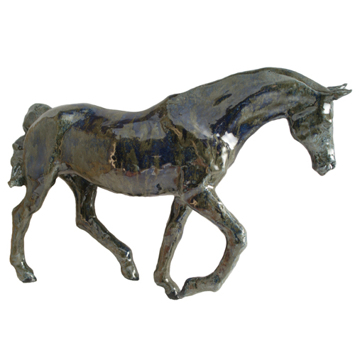 Cheval de selle au pas émaillé bleu vert