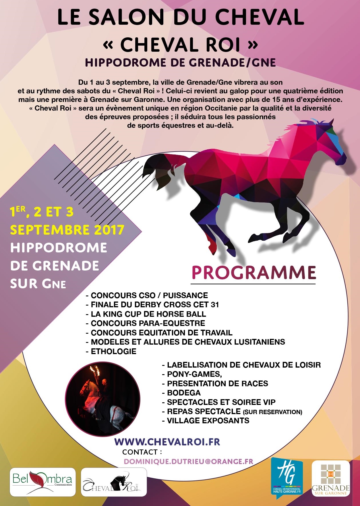 Salon du Cheval Roi Hippodrome de Greande Sur Garonne Dans ce lieu d’exception de plus de 13 hectares, le cheval et son univers seront mis à l’honneur à travers de nombreux spectacles et animations. Un rendez-vous unique par la qualité et la diversité des épreuves proposées qui séduira tous les passionnés de sports équestres et même au-delà.